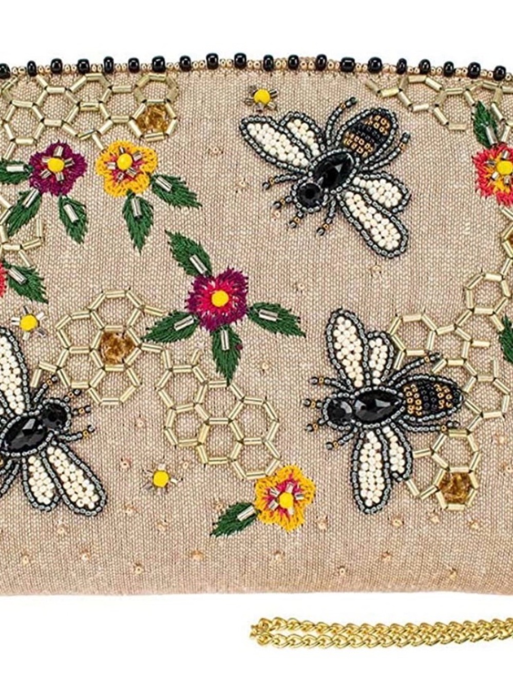 Mary Frances Beige Beaded Bee & Floral Crossbody Clutch NWT